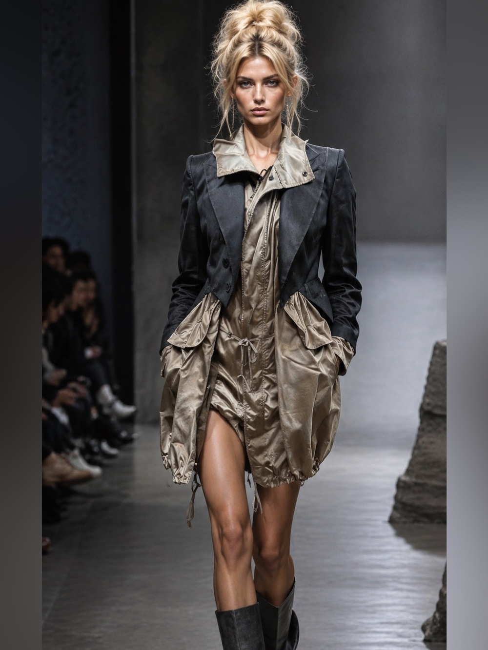 Jean Paul Gaultier trench coat black oiled denim gold nylon lower sz 38/8 NWT
